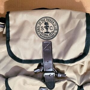 Sierra Club Bookbag Backpack - Nylon, Leather Straps, Metal Buckles